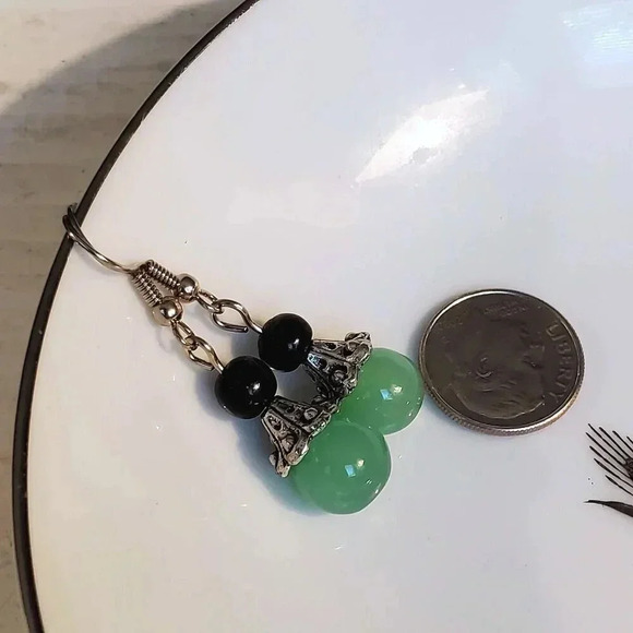 Eclectic Black Light Green Glass Bead Antiqued Silver Fancy Bead Cap Earrings - Picture 4 of 6